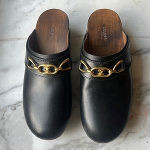 Celine Black Leather Mules with Gold Chain Detail